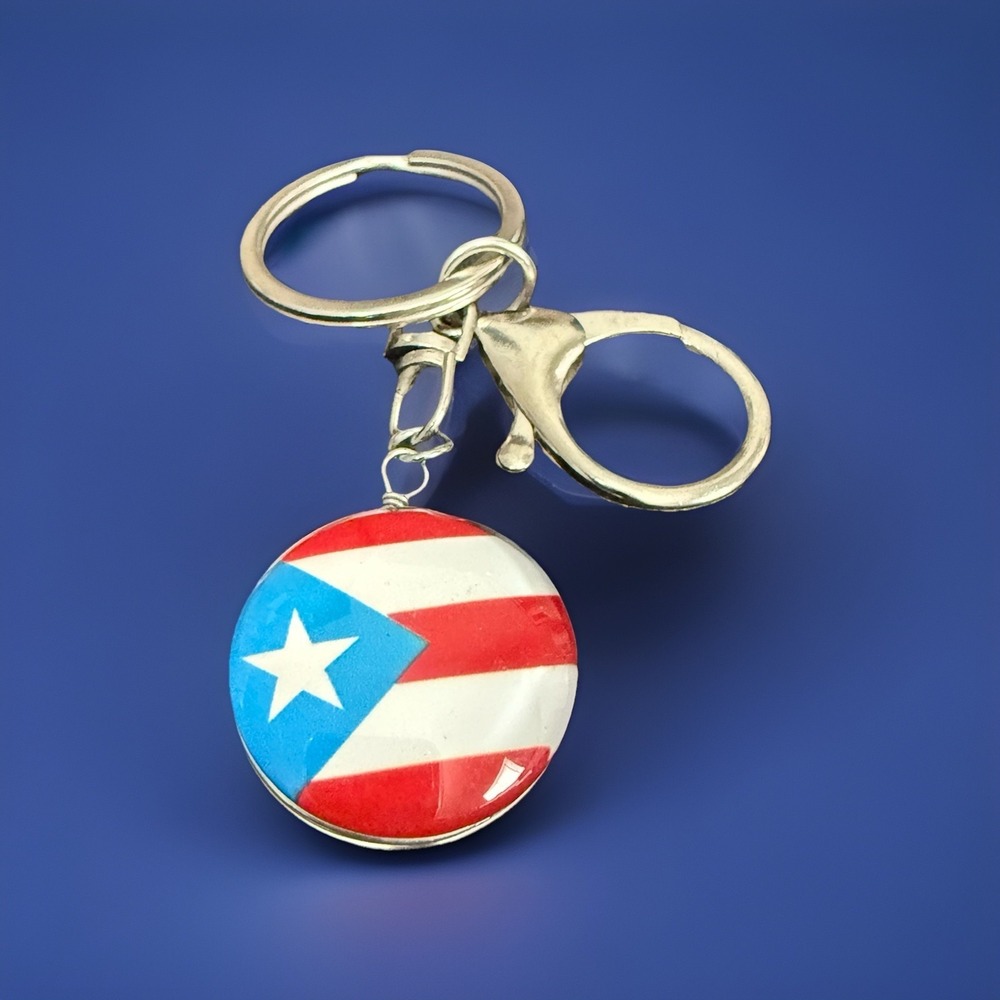 Puerto Rico Round Flag Keychain Metal Lobster Clasp Red White Blue Boricua - Picture 2 of 4